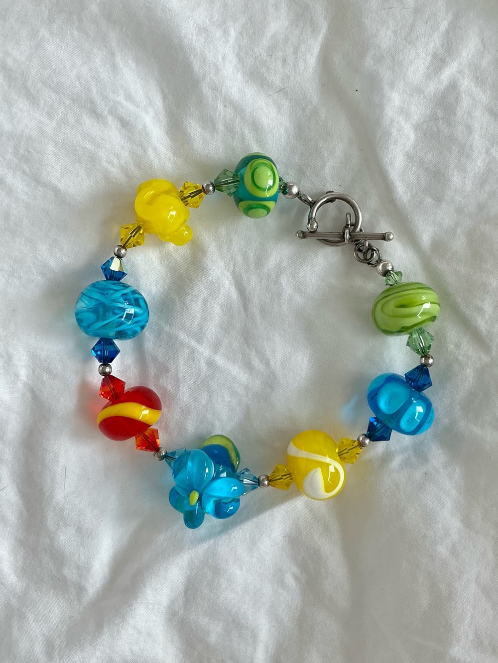 Vintage Colourful glass Bead Charm Bracelet blue red green yellow